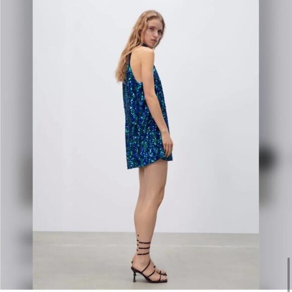 Zara Blue and Green SEQUIN HALTER DRESS - Picture 8 of 12